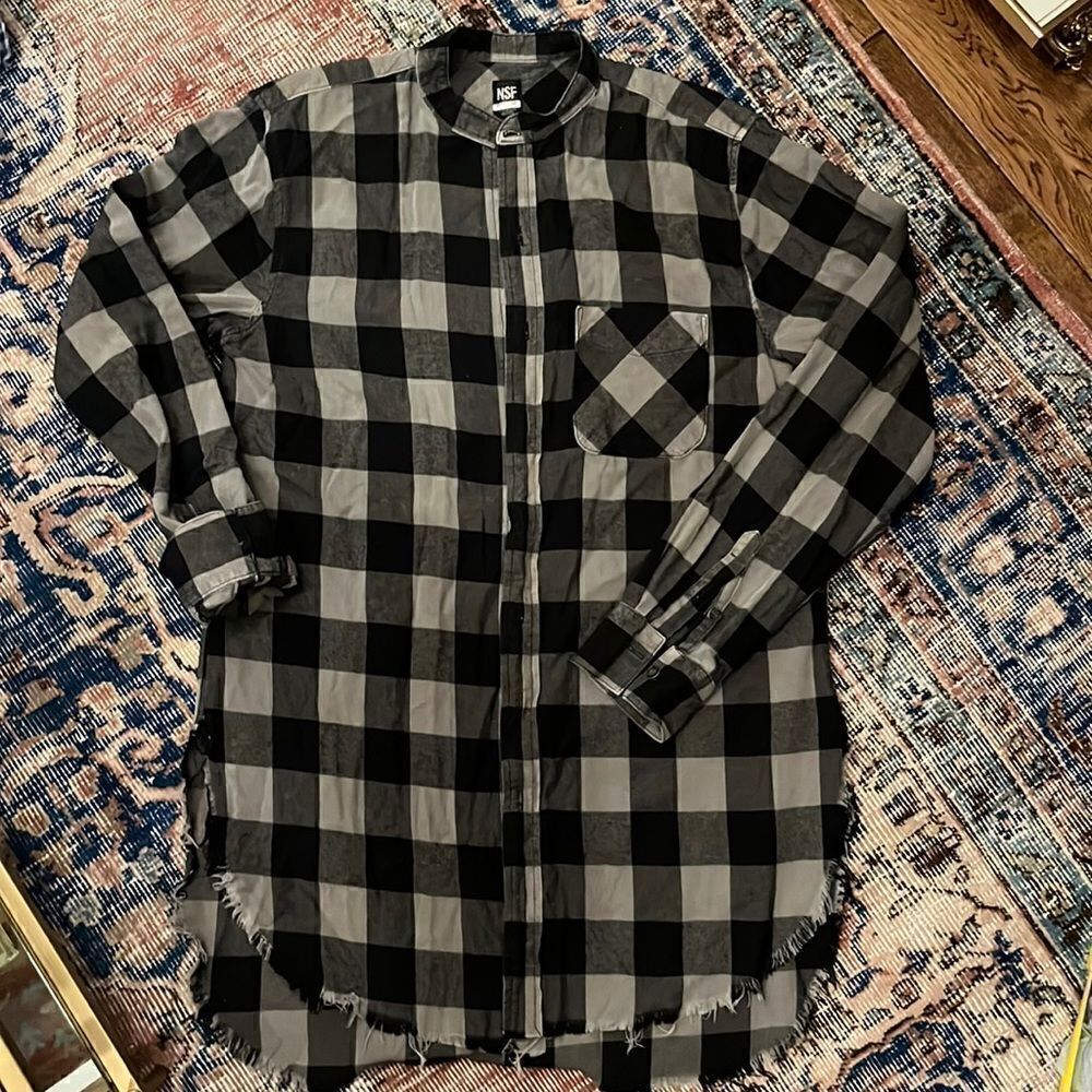 NSF Distressed Check Plaid Button Up Elongated Flannel Shirt